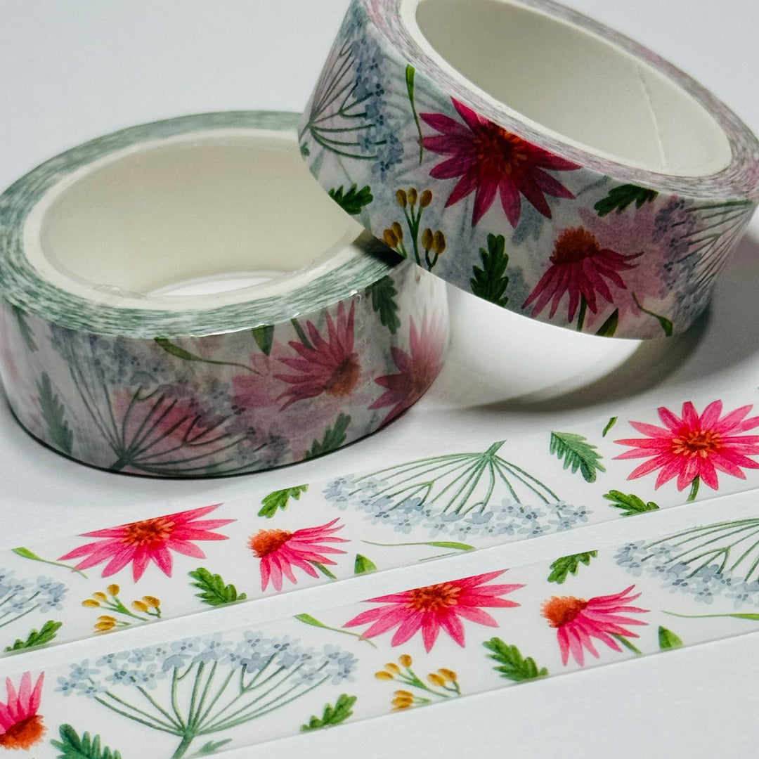 WHITE YARROW & PINK DAISIES FLORAL Washi Tape - 1 Roll - 15mm x 10m (33 Feet)