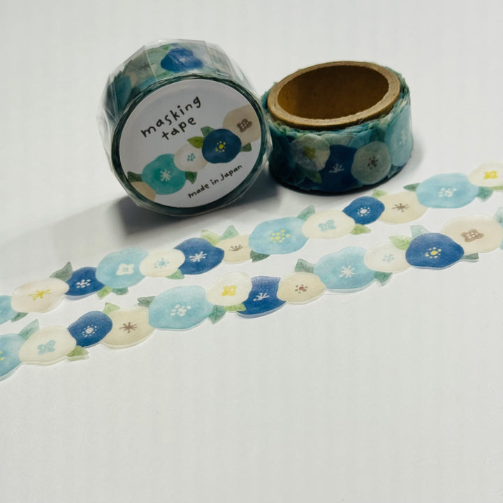 BLUE & WHITE MORNING Glories Floral Washi Tape Designed by Mind Wave ~ 1 Roll ~ 18mm x 5m (16 Feet)