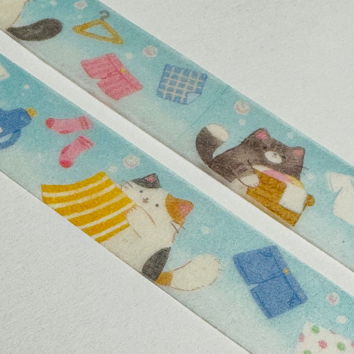 CAT LAUNDRY DAY Saien Masking Washi Tape ~ 1 Roll ~ 15mm x 7m (23 Feet)