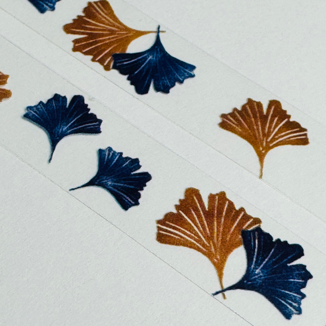 GINKGO FALL LEAVES Blue & Brown PET Saien Washi Tape ~ 1 Roll ~ 15mm x 3m (10 Feet)
