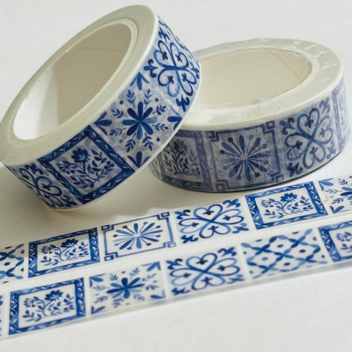 ITALIAN BLUE & WHITE Mosaic Tiles Summer Vacation Washi Tape ~ 1 Roll ~ 15mm x 10m (33 Feet)
