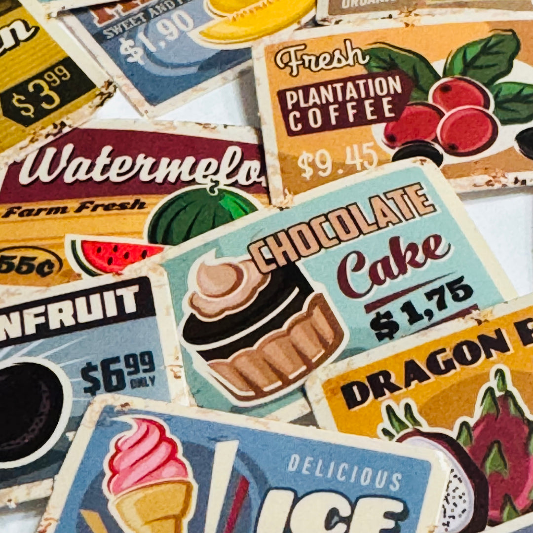 VINTAGE RETRO GROCERY FOOD Advertising Peelable Stickers  ~ 45 Pieces ~ Each Sticker is 38mm x 38mm