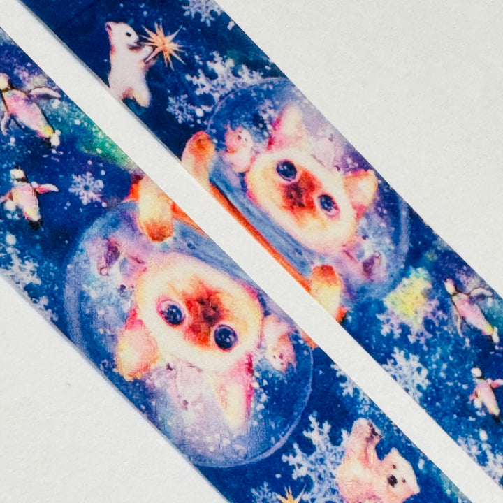 KITTENS In SPACE With Penguins Japanese Cat Washi Tape ~ 1 Roll ~ 20mm x 5m (16 Feet)