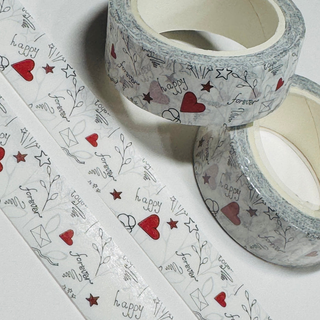 HAPPY FOREVER BLACK WHITE RED Valentine Washi Tape ~ 1 Roll ~ 15mm x 10m (33 Feet)