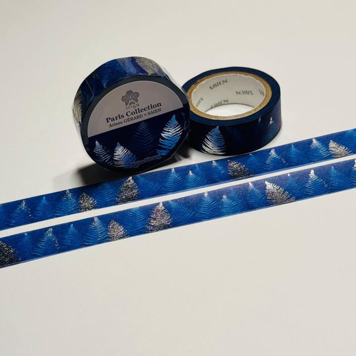 FERNS NOTES BLUES SILVER FOIL LEAVES Paris Collection Saien Washi Tape ~ 1 Roll ~ 15mm x 7m (23 Feet)