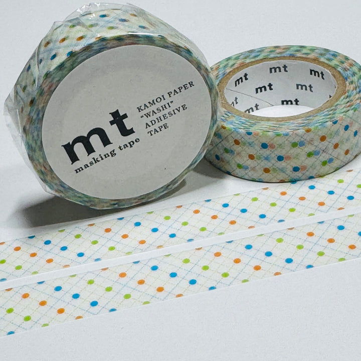 QUILTED GRID GREEN Dot Mt on White Washi Tape ~ 1 Roll ~ 15mm x 10m (33 Feet)