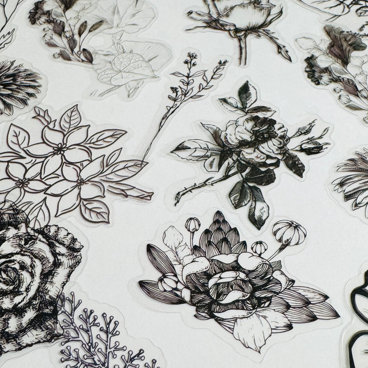 MONOCHROMATIC BLACK SKETCHED Flowers Transparent Peelable Sticker Ephemera Pack ~ 60  Pieces ~ Each Sticker is  20-50mm