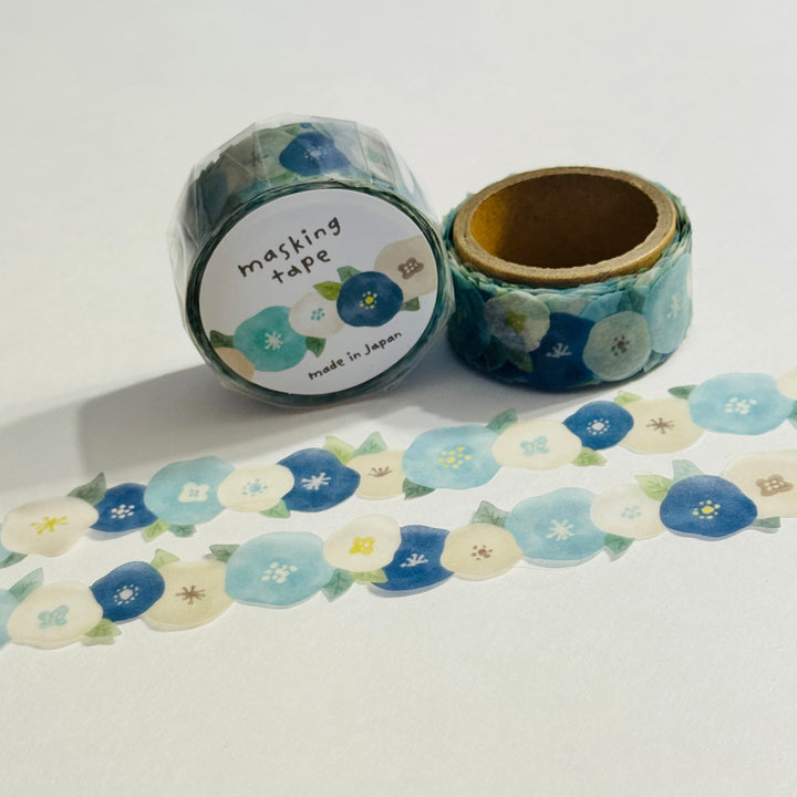 BLUE & WHITE MORNING Glories Floral Washi Tape Designed by Mind Wave ~ 1 Roll ~ 18mm x 5m (16 Feet)