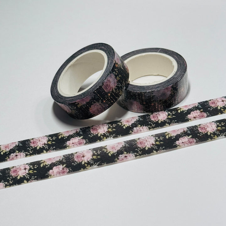 PINK ROSES SPARKLES Gold Foil Overlay Washi Tape ~ 1 Roll ~ 15mm x 10m (33 Feet)