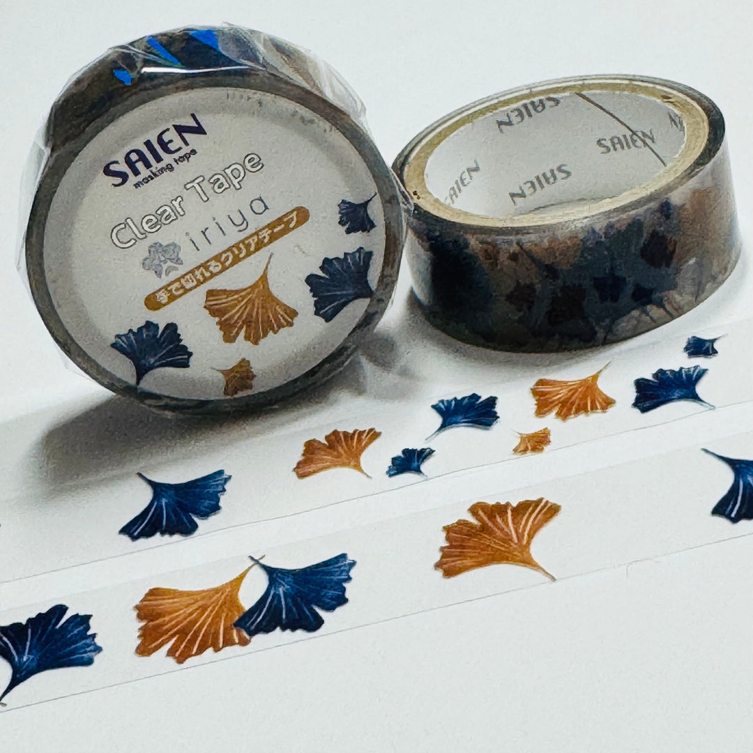 GINKGO FALL LEAVES Blue & Brown PET Saien Washi Tape ~ 1 Roll ~ 15mm x 3m (10 Feet)