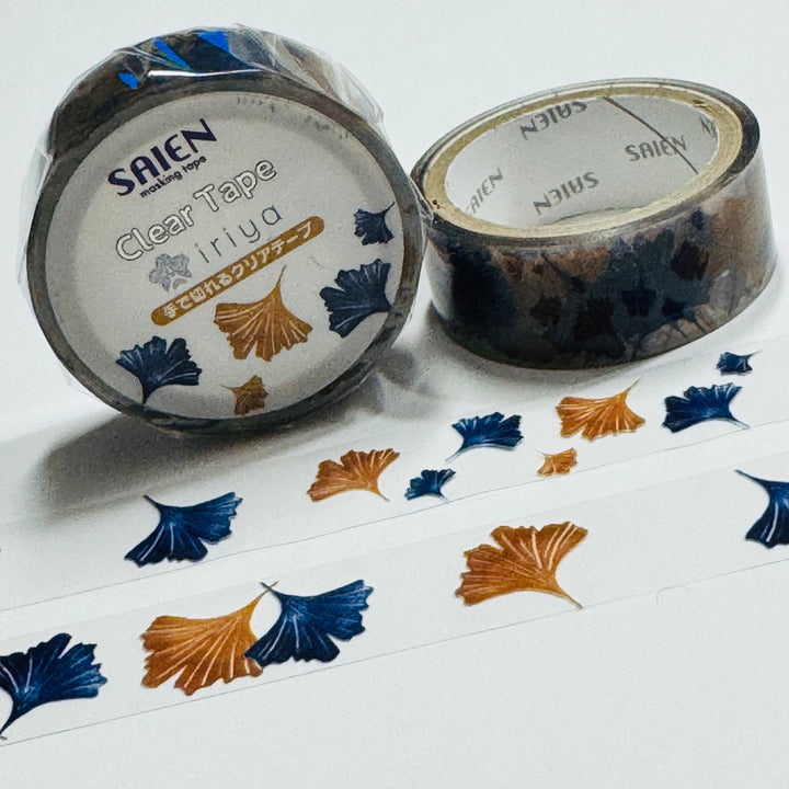 GINKGO FALL LEAVES Blue & Brown PET Saien Washi Tape ~ 1 Roll ~ 15mm x 3m (10 Feet)