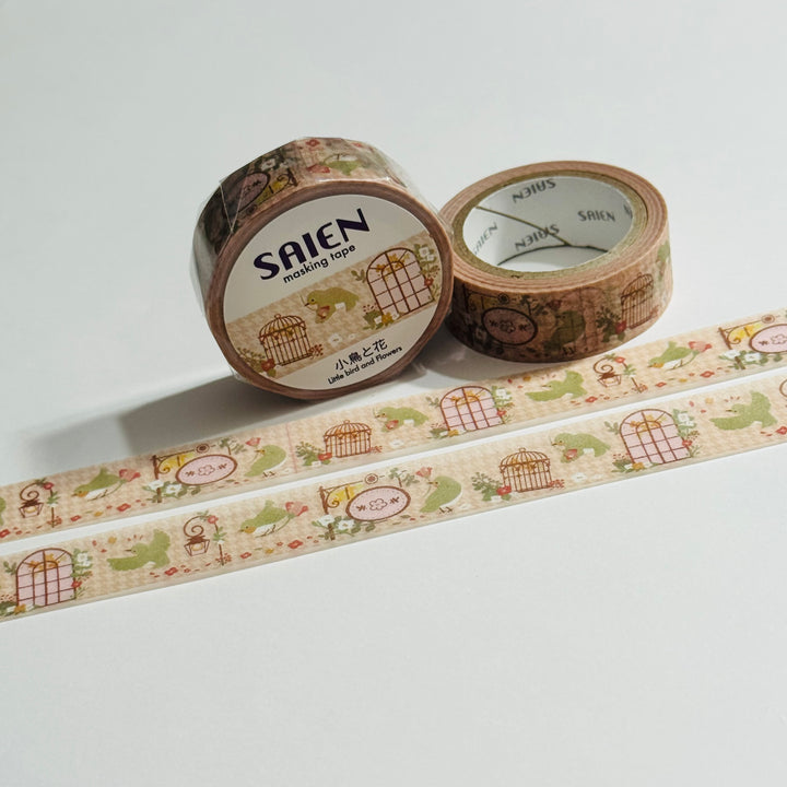 LITTLE BIRDS & FLOWERS Saien Washi Tape ~ 1 Roll ~ 15mm x 7m (23 Feet)