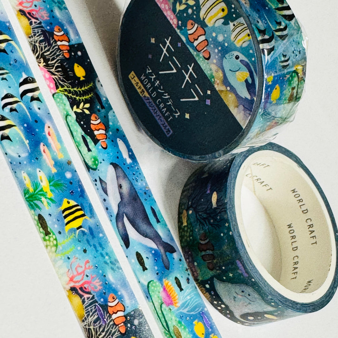 UNDERWATER SEA LIFE Purple & Gold Foil World Craft Washi Tape  ~ 1 Roll ~ 15mm x 5m (16 Feet)