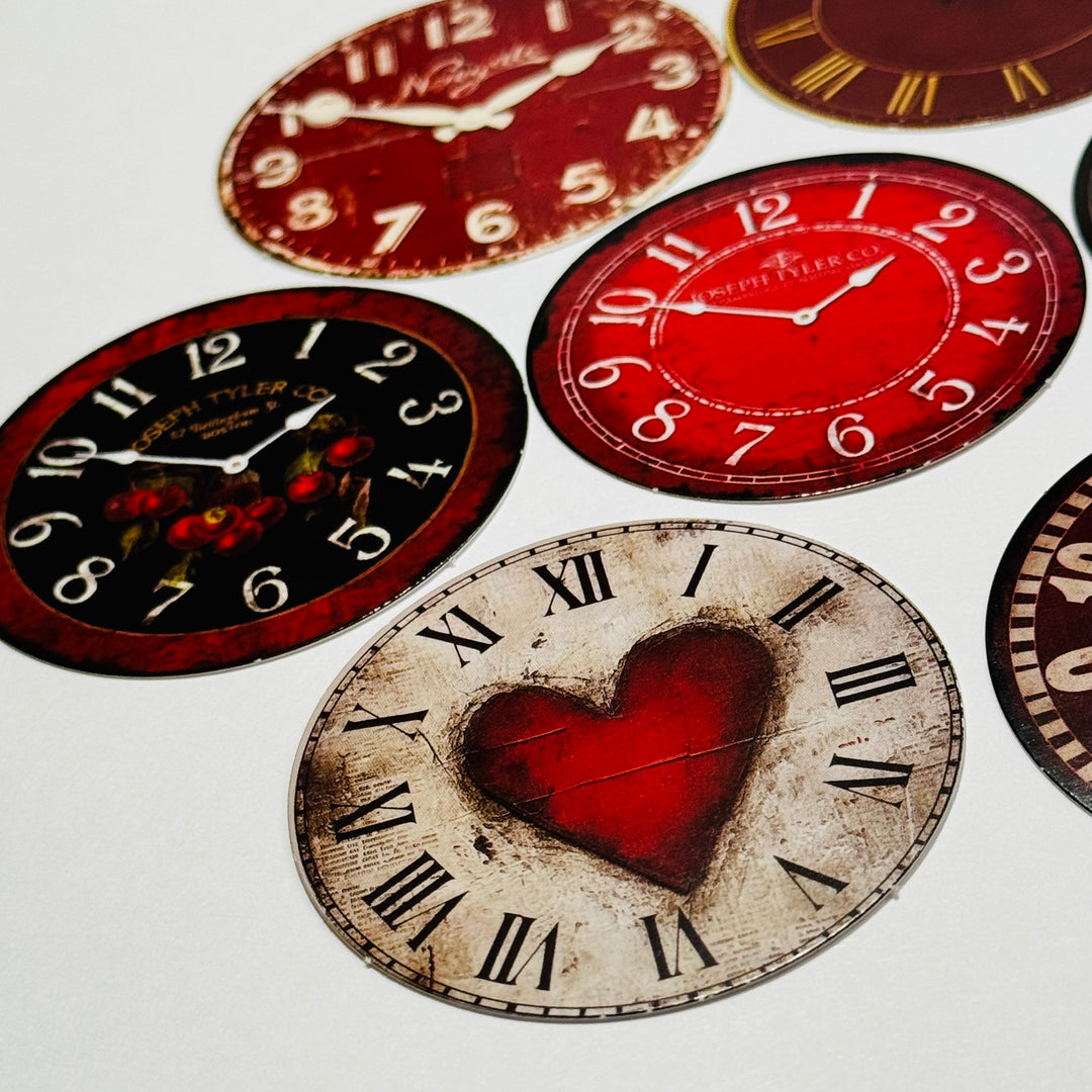 LOVELY VALENTINE CLOCK Ephemera Faces For Journals Scrapbooks and Planners  ~ 10 Pieces ~ Each Piece is 60mm