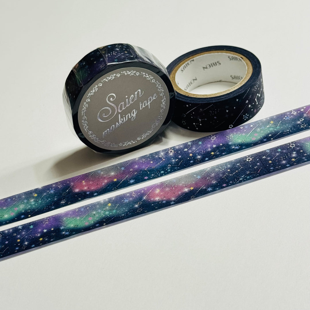 PLANETARIUM SHOOTING STARS SILVER Foil Saien Masking Washi Tape ~ 1 Roll ~ 15mm x 7m (23 Feet)