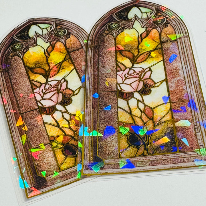 CATHEDRAL ROSE STAINED Glass Windows Gold Foil Peelable Stickers ~ 10 Large Stickers ~ 60-120mm