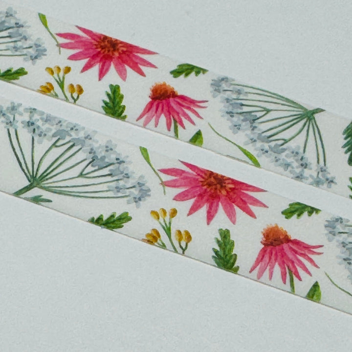 WHITE YARROW & PINK DAISIES FLORAL Washi Tape - 1 Roll - 15mm x 10m (33 Feet)