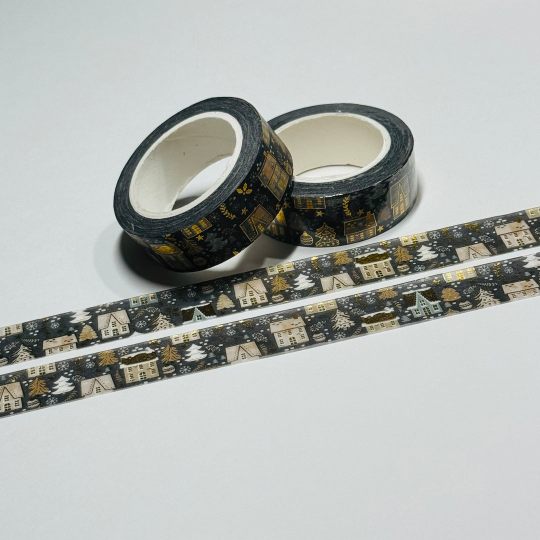 MONOCHROMATIC CHRISTMAS VILLAGE Gold Foil Washi Tape ~ 1 Roll ~ 15mm x 10m (33 Feet)