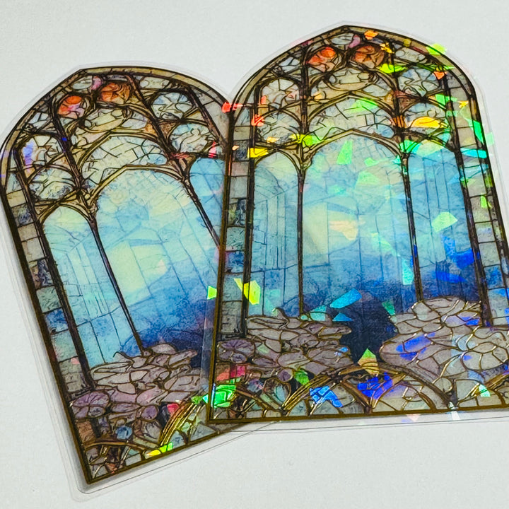 CATHEDRAL BLUE TINTED STAINED Glass Windows Gold Foil Peelable Stickers ~ 10 Large Stickers ~ 60-120mm