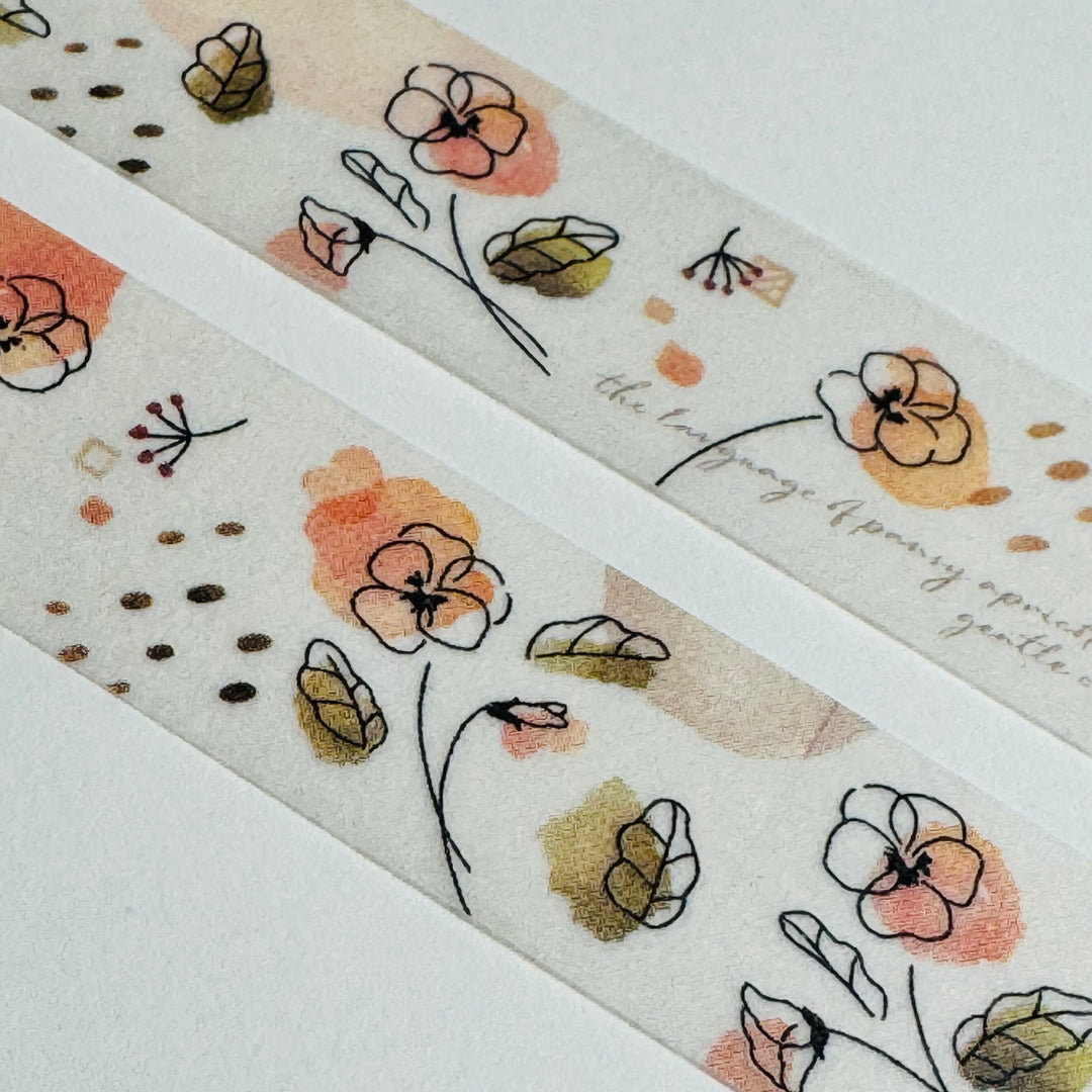 SKETCHED APRICOT PANSIES Floral Saien Masking Washi Tape ~ 1 Roll ~ 15mm x 7m (23 Feet)