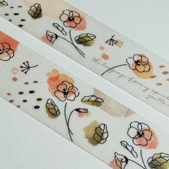 SKETCHED APRICOT PANSIES Floral Saien Masking Washi Tape ~ 1 Roll ~ 15mm x 7m (23 Feet)