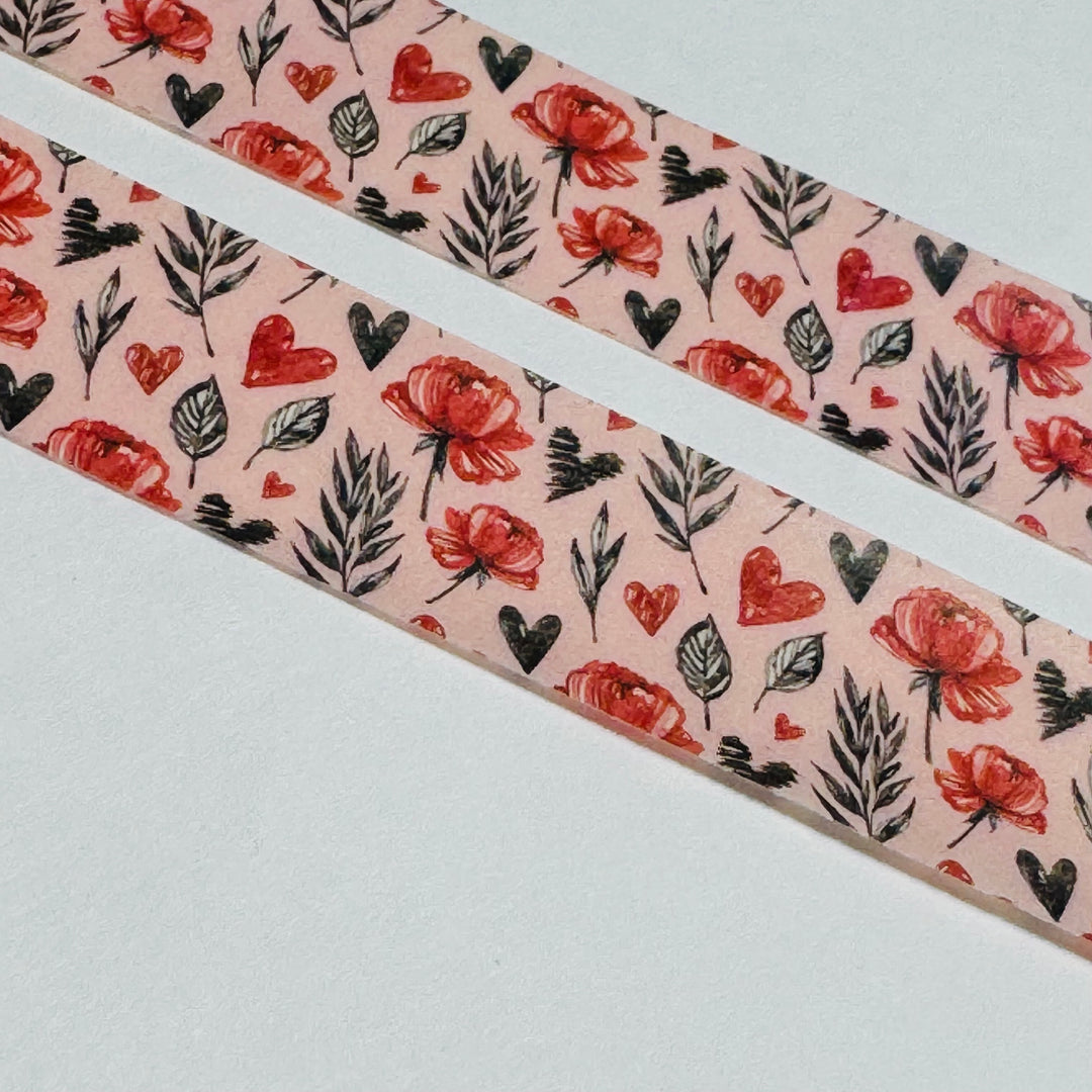 TOSSED FLOWERS HEARTS & BRANCHES Valentine Washi Tape ~ 1 Roll ~ 15mm x 10m (33 Feet)