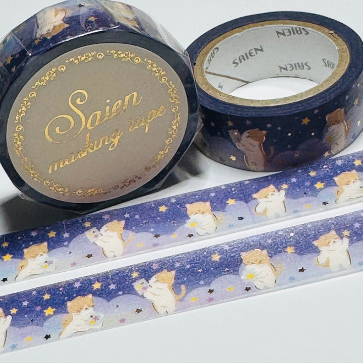 TEDDY BEARS PICKING STARS Saien Gold Foil Christmas Masking Washi Tape ~ 1 Roll ~ 15mm x 7m (23 Feet)