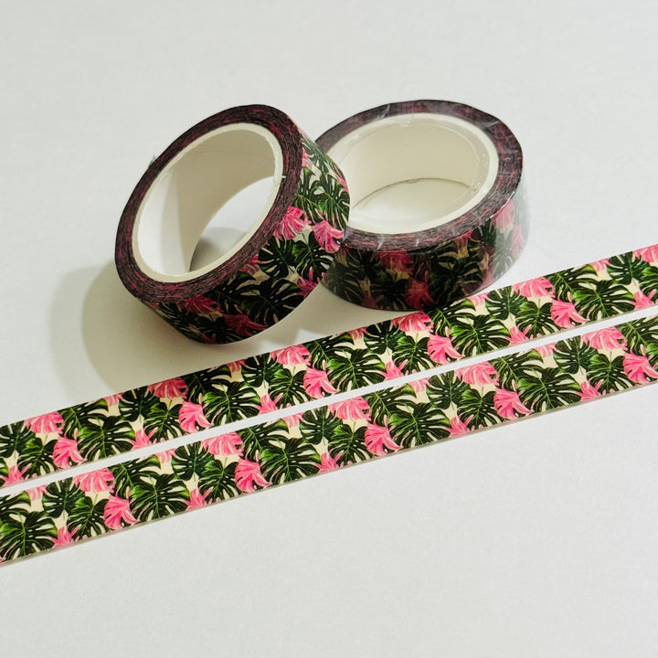 PINK & GREEN TROPICAL Foliage Leaves Washi Tape ~ 1 Roll ~ 15mm x 10m (33 Feet)