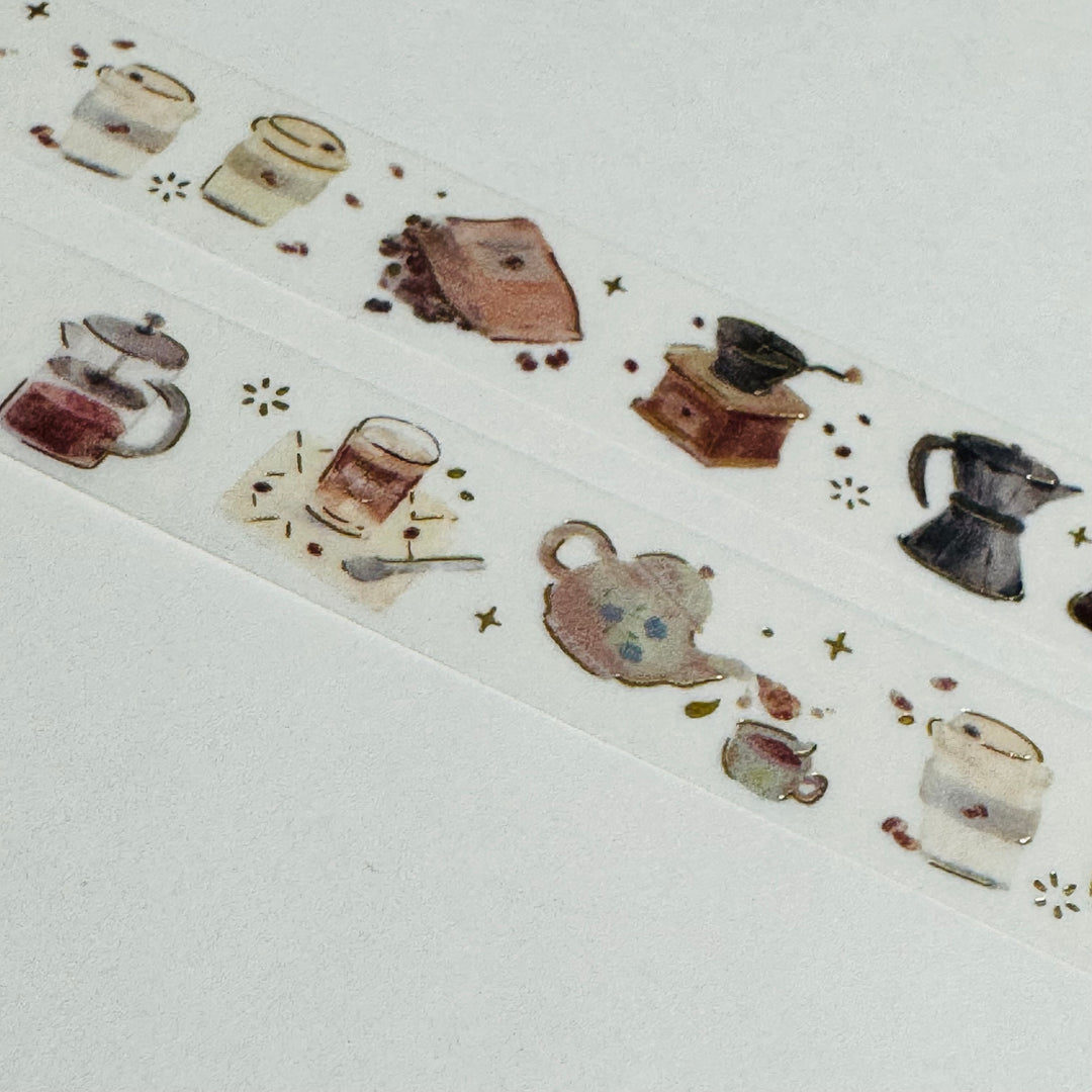 COFFEE GRINDER & French Press BGM Gold Foil Washi Tape ~ 1 Roll ~ 15mm x 5m (16 Feet)