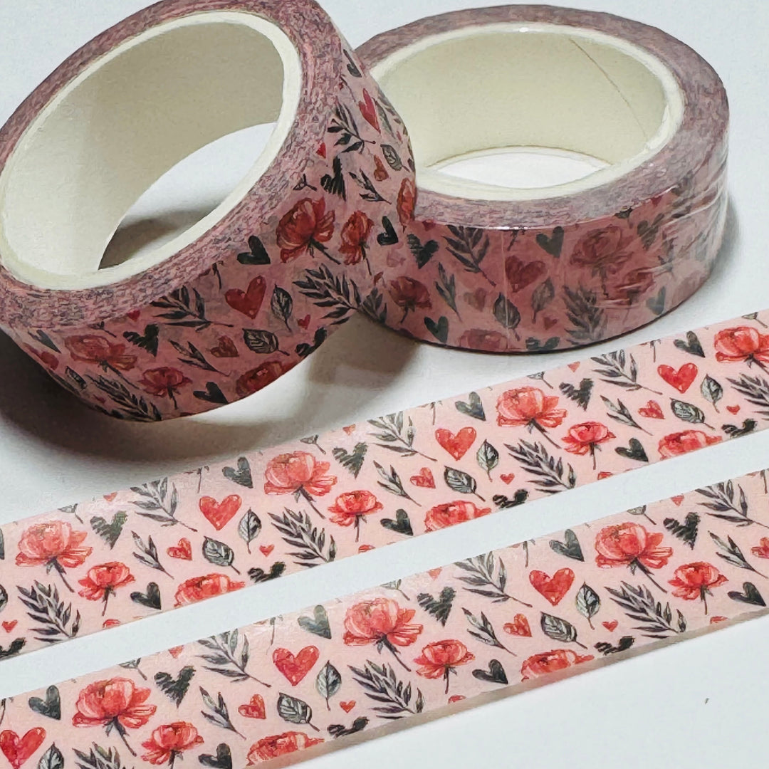 TOSSED FLOWERS HEARTS & BRANCHES Valentine Washi Tape ~ 1 Roll ~ 15mm x 10m (33 Feet)