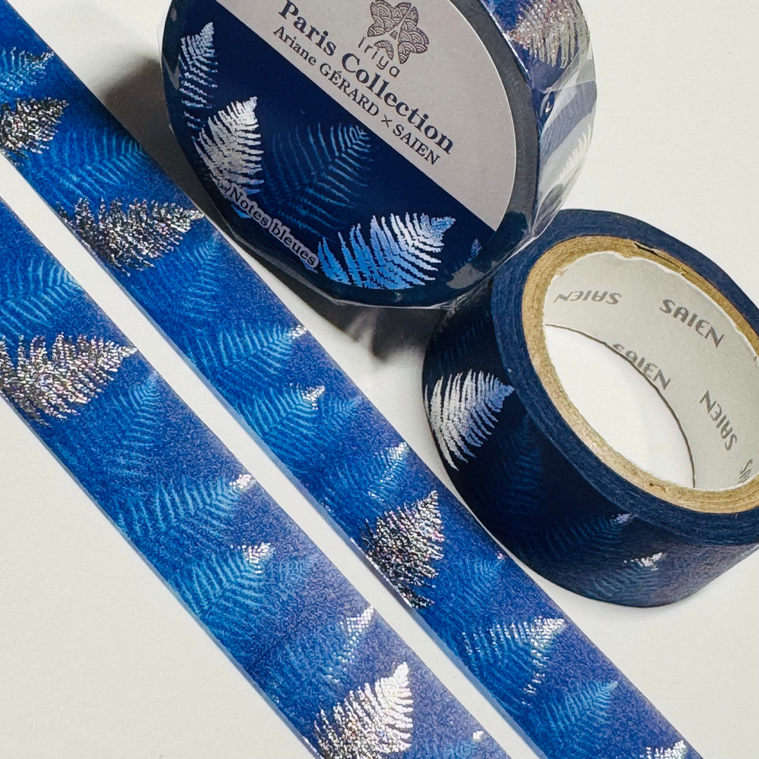 FERNS NOTES BLUES SILVER FOIL LEAVES Paris Collection Saien Washi Tape ~ 1 Roll ~ 15mm x 7m (23 Feet)