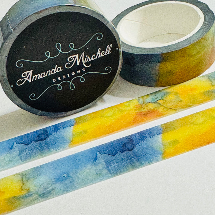 WATERCOLOR BLURRED FLOWERS Blue & Yellow Washi Tape - 1 Roll - 15mm x 10m (33 Feet)
