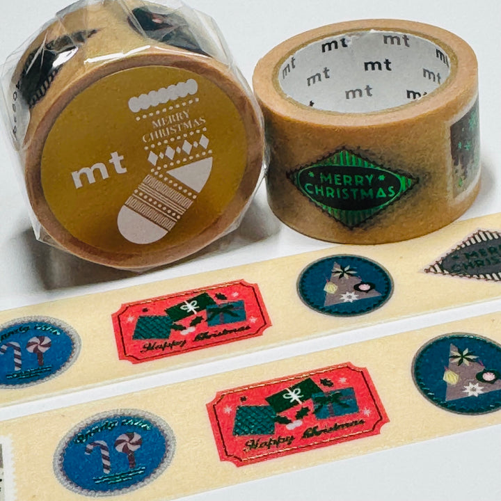 CHRISTMAS STICKERS With GREEN FOIL MT Washi Tape - 1 Roll - 24mm x 5m (16 Feet)