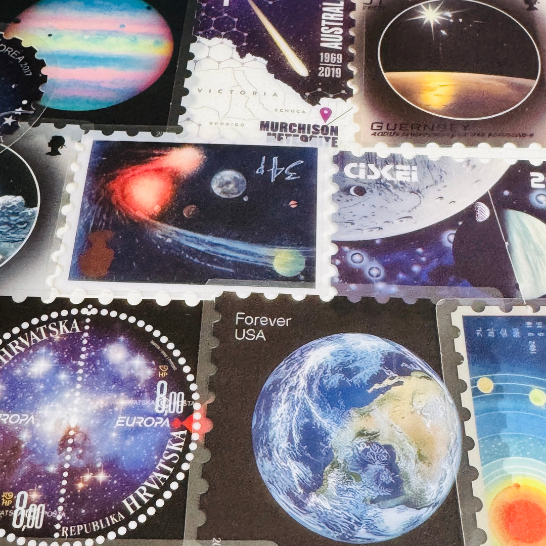 SCIENTIFIC GALAXY NIGHT SKY Space Stamp Peelable PET Stickers  ~ 55 Pieces ~ Approximately 2 Inches Each