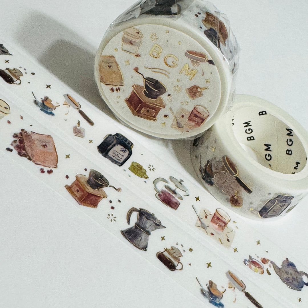 COFFEE GRINDER & French Press BGM Gold Foil Washi Tape ~ 1 Roll ~ 15mm x 5m (16 Feet)