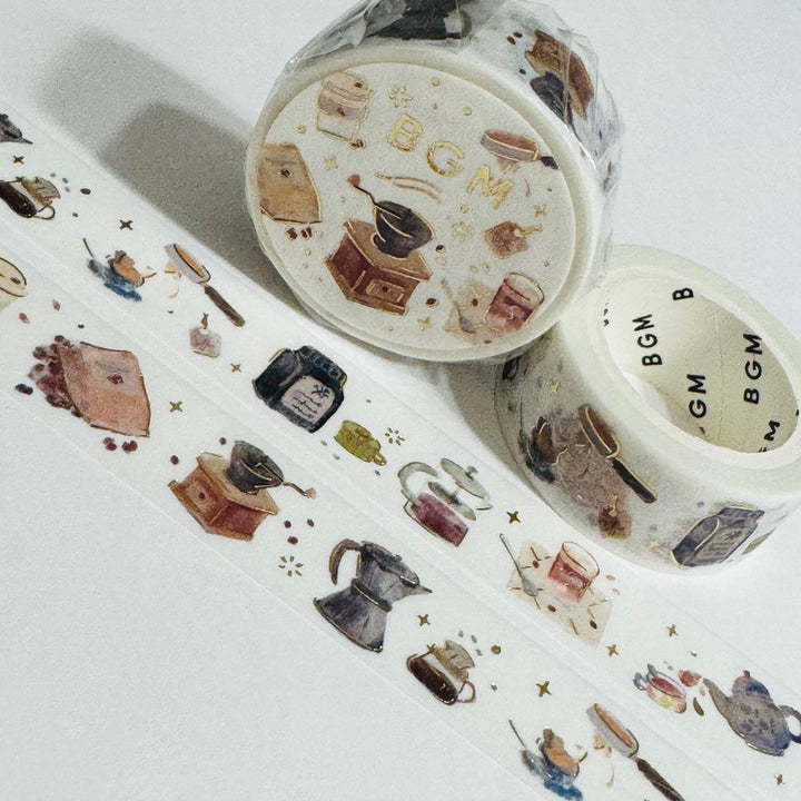 COFFEE GRINDER & French Press BGM Gold Foil Washi Tape ~ 1 Roll ~ 15mm x 5m (16 Feet)
