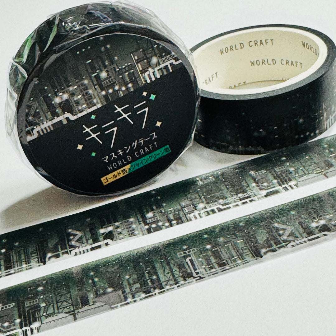 CITY SKYLINE At NIGHT in Gold & Green Foiling World Craft Washi Tape ~ 1 Roll ~ 15mm x 5m (16 Feet)