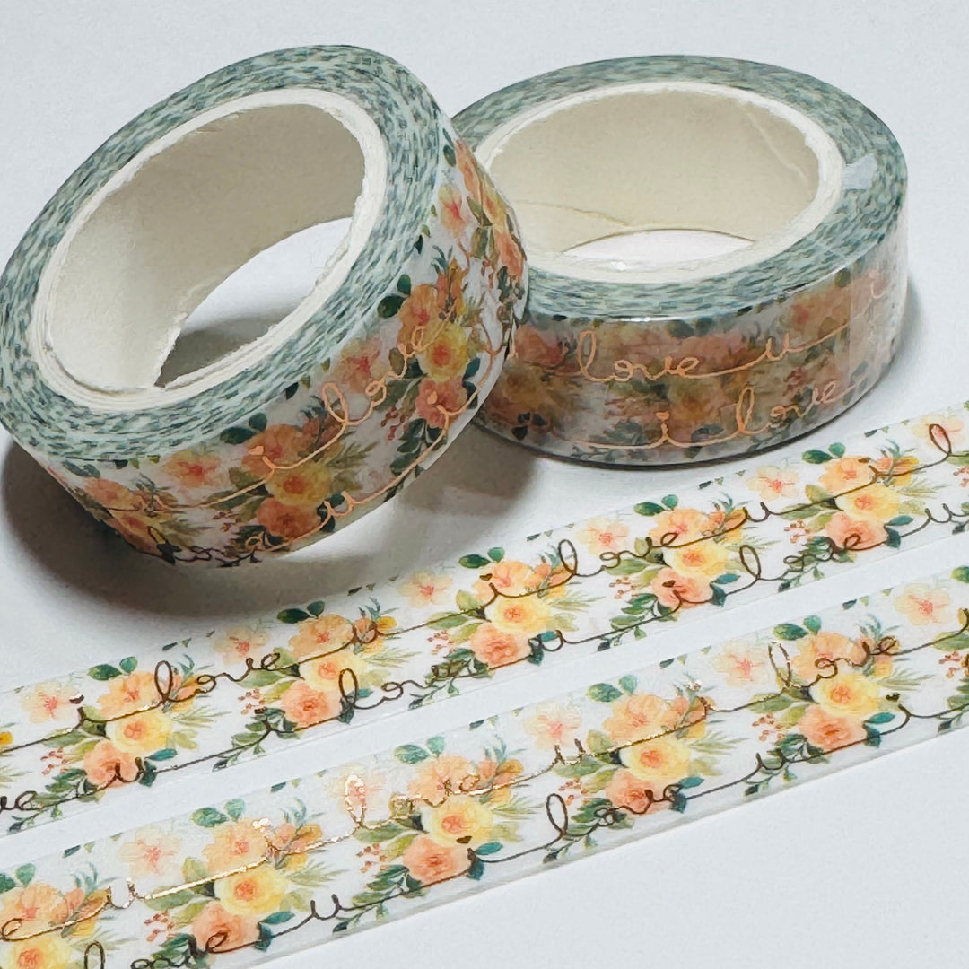 YELLOW ROSES I LOVE YOU Gold Foil Overlay Washi Tape ~ 1 Roll ~ 15mm x 10m (33 Feet)