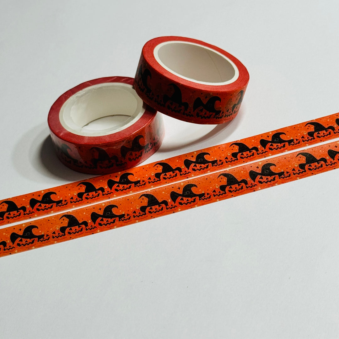 JAUNTY JACK-O-LANTERNS In WITCH HATS Halloween Washi Tape ~ 1 Roll ~ 15mm x 10m (33 Feet)