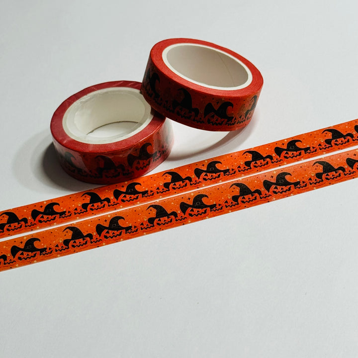 JAUNTY JACK-O-LANTERNS In WITCH HATS Halloween Washi Tape ~ 1 Roll ~ 15mm x 10m (33 Feet)