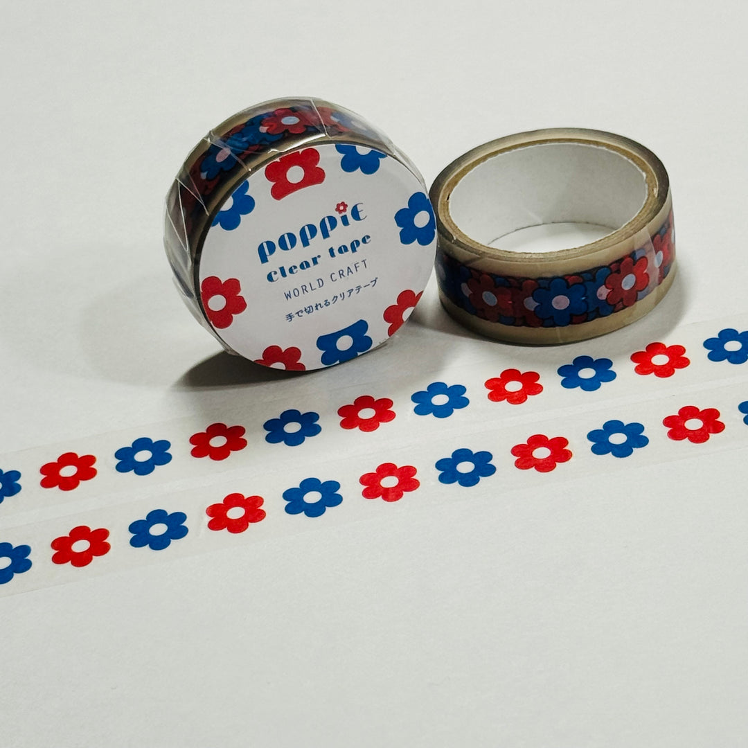 PATRIOTIC RED & BLUE Flowers World Craft Clear Washi Tape ~ 1 Roll ~ 15mm x 5m (16 Feet)