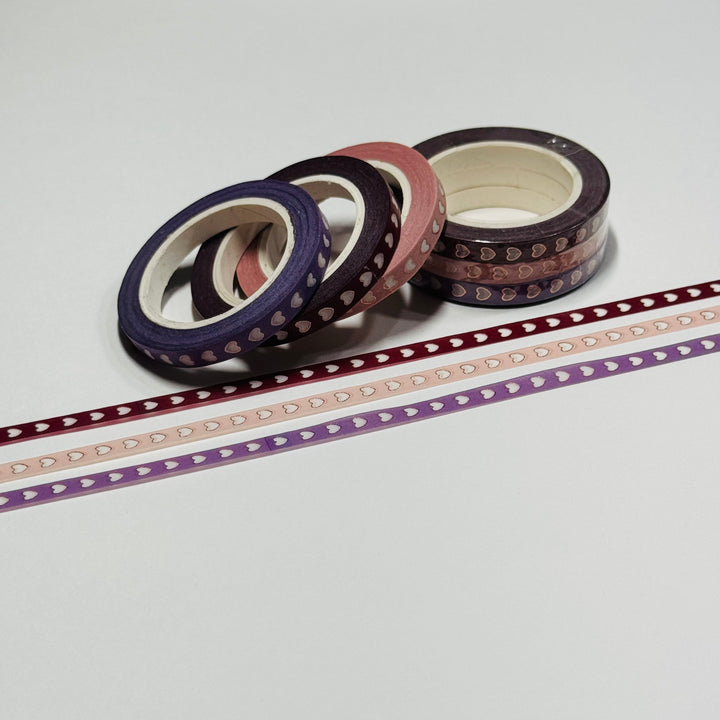 STRING OF HEARTS Pink Purple Burgundy Washi Tape ~ 3 Rolls ~ 5mm x 10m (33 Feet) Each