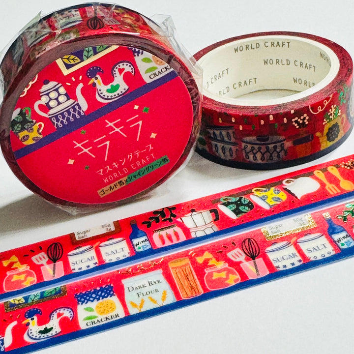 COUNTRY FARMHOUSE KITCHEN Gold Accent Flowers World Craft Washi Tape ~ 1 Roll ~ 15mm x 5m (16 Feet)