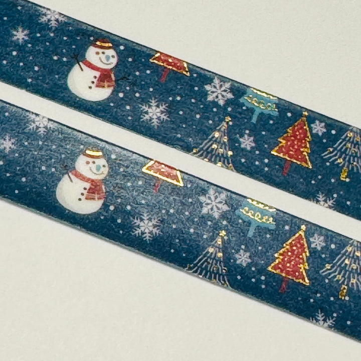 CHRISTMAS TREES & SNOWMEN NAVY Gold Foil Washi Tape ~ 1 Roll ~ 15mm x 10m (33 Feet)