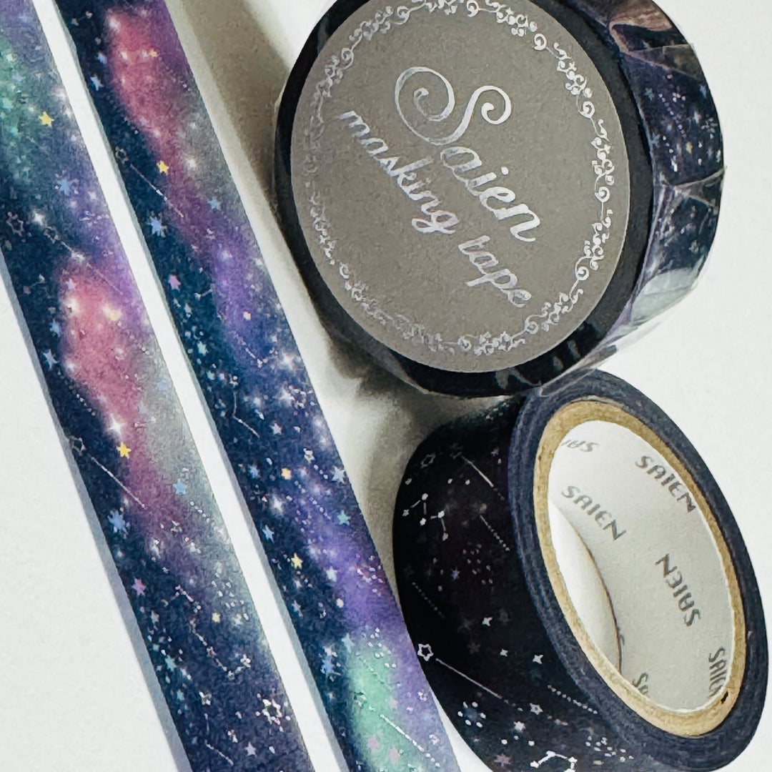 PLANETARIUM SHOOTING STARS SILVER Foil Saien Masking Washi Tape ~ 1 Roll ~ 15mm x 7m (23 Feet)