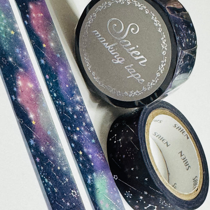 PLANETARIUM SHOOTING STARS SILVER Foil Saien Masking Washi Tape ~ 1 Roll ~ 15mm x 7m (23 Feet)