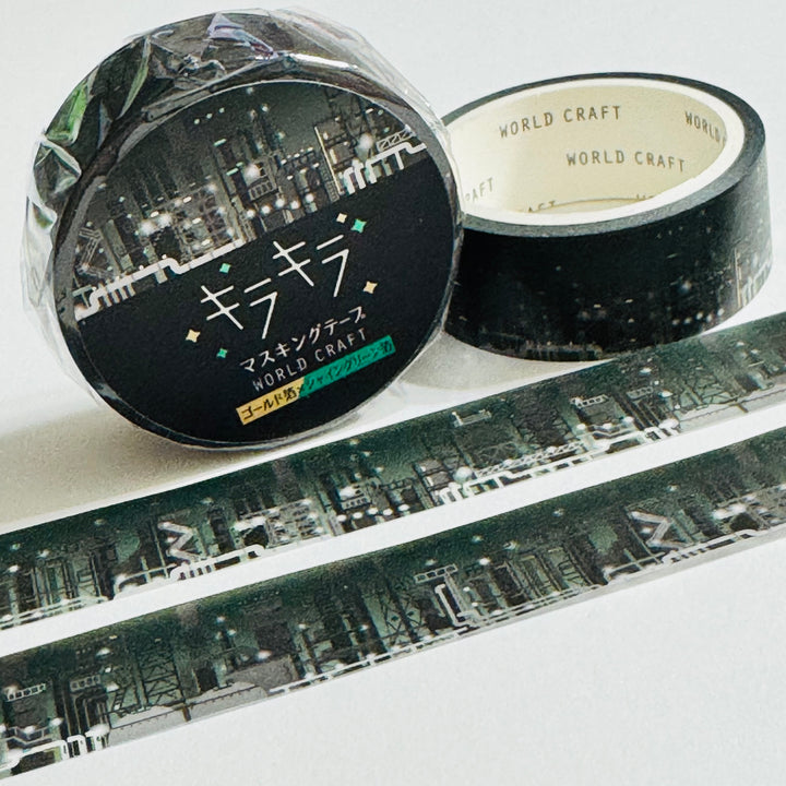 CITY SKYLINE At NIGHT in Gold & Green Foiling World Craft Washi Tape ~ 1 Roll ~ 15mm x 5m (16 Feet)