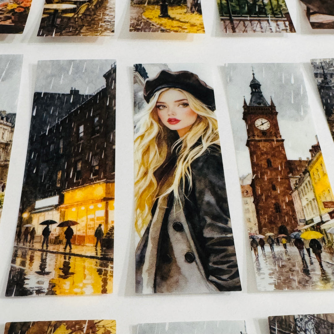 RAINY DAY GIRL In The City Ephemera Sticker Pack ~ 25 Pieces ~ 30mm x 95mm