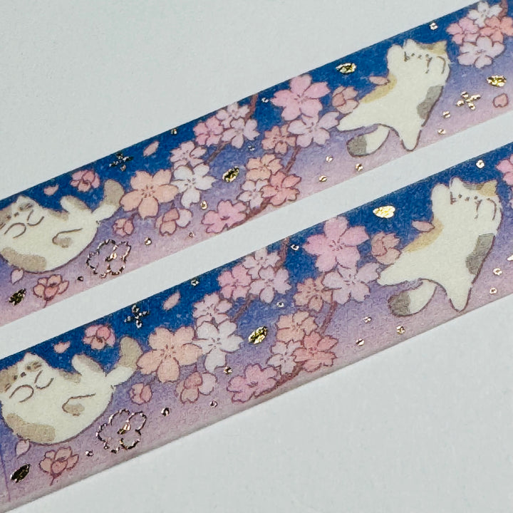 CATS ENJOYING SPRING SAKURA Gold Flower Saien Masking Washi Tape ~ 1 Roll ~ 15mm x 7m (23 Feet)