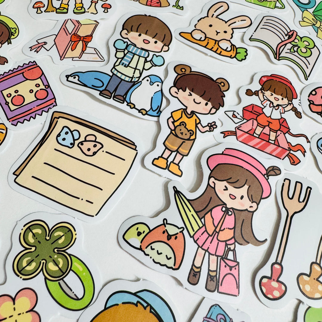 CUTE CARTOON GIRL PLAYTIME PVC Peelable Stickers  ~ 80 Pieces ~ 10-40mm Each